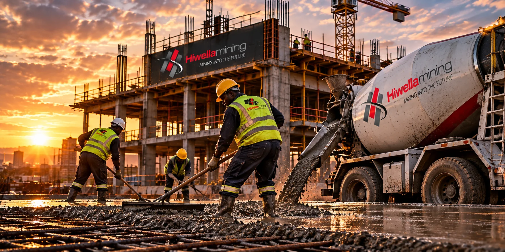 Hlwella crew in PPE placing concrete from a branded Hlwella mixer truck at sunset